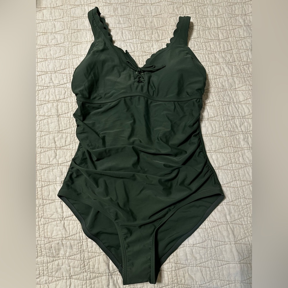 Target Dark Green Lace-Up Scallop One-Piece Swimsuit, NWT